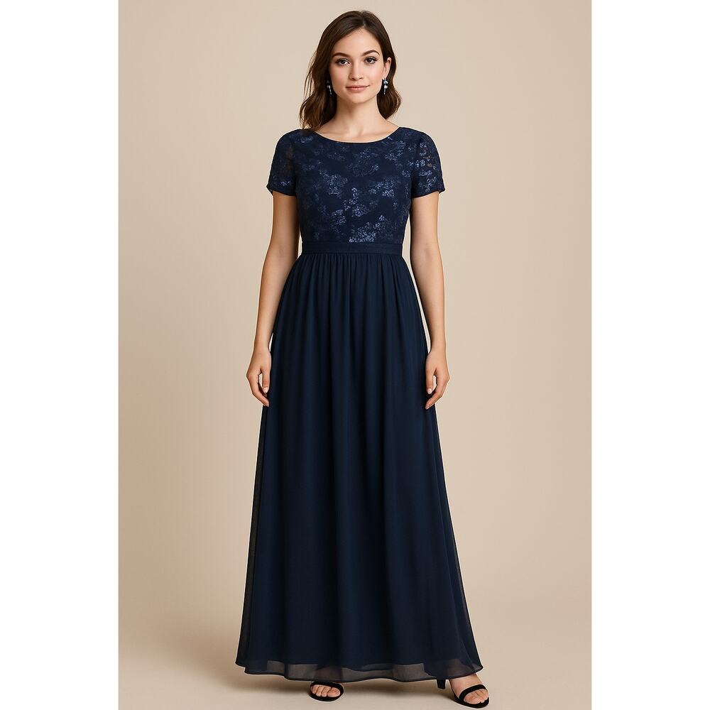 R&M Richards Navy Sequined Top Short Sleeve Gown Chiffon Skirt Midi Dress Size 8